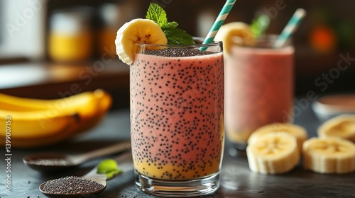 Obraz na płótnie A vibrant smoothie made with fresh bananas, chia seeds, and topped with mint leaves, representing a refreshing and healthy drink option perfect for any occasion. w salonie