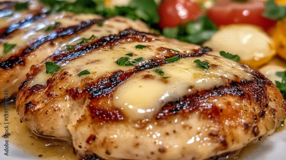 Savory grilled chicken breast topped with creamy lemon sauce and garnished with fresh parsley, served alongside colorful seasonal vegetables on a white plate.