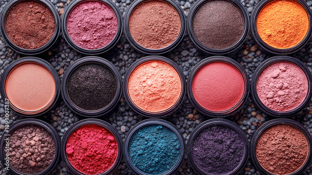 Top view of colorful eyeshadow palette with powder makeup, flat lay on white background, beauty and cosmetics concept, generative AI Top view of colorful eyeshadow palette with powder makeup, flat lay on white background, beauty and cosmetics concept, generative AI