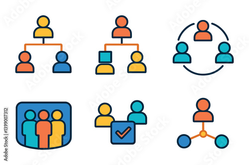 Isometric flat vector set of icons of team email features: shared inbox, group reply, assign message, internal note, mention teammate, collaboration icon, team folder, role badge. isolated