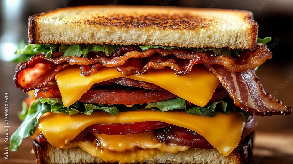 Close-up view of a gourmet bacon cheeseburger showcasing layers of crispy bacon, melted cheese, fresh vegetables, and toasted bread, inviting taste and delight in every bite.