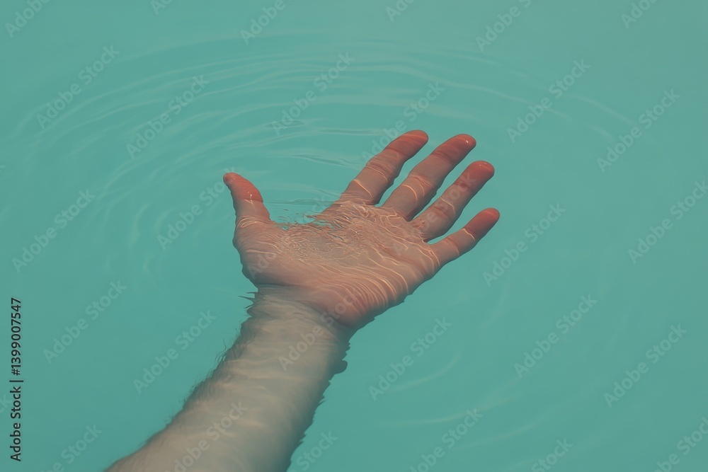 An artistic capture of a hand floating above a gentle, rippling turquoise surface, expressing calmness, serenity, and a connection to the aquatic environment.