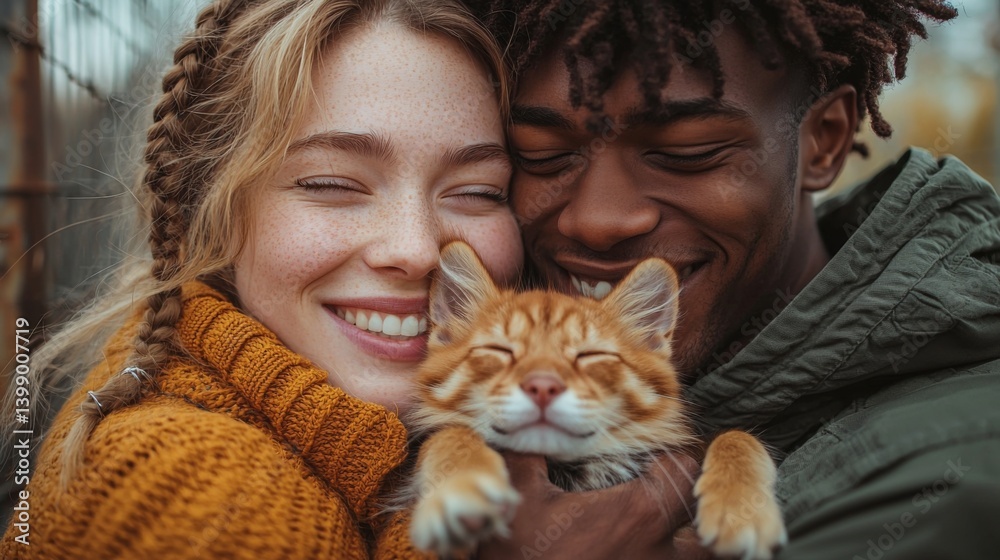 This heartwarming image depicts a smiling couple holding a fluffy cat, embodying love, joy, and companionship in a moment of pure happiness.