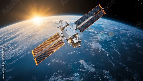 Satellite orbiting Earth at sunrise. Space exploration technology.