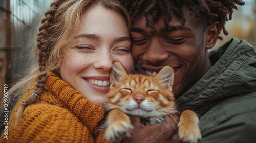 Obraz na płótnie This heartwarming image depicts a smiling couple holding a fluffy cat, embodying love, joy, and companionship in a moment of pure happiness. w salonie