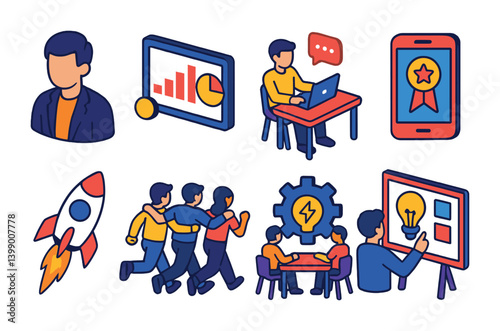Isometric flat vector set of icons of startup teams: founder icon, pitch deck, product owner, MVP icon, startup rocket, team hustle, brainstorming gear, idea board. isolated transparent background.