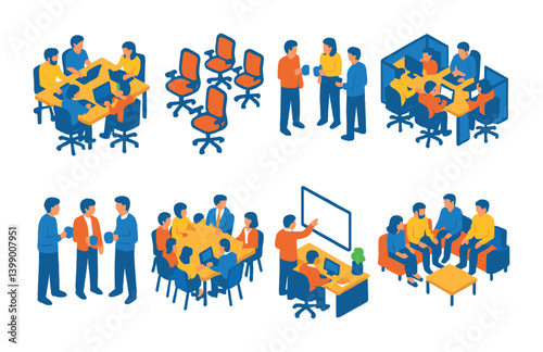 Isometric flat vector set of icons of remote work and globe: laptop Earth, remote team icon, digital nomad globe, workspace around world, online collab, team chat globe, coworking map, flexible