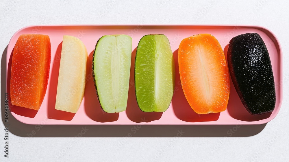 Colorful fruit and vegetable slices on a pink tray