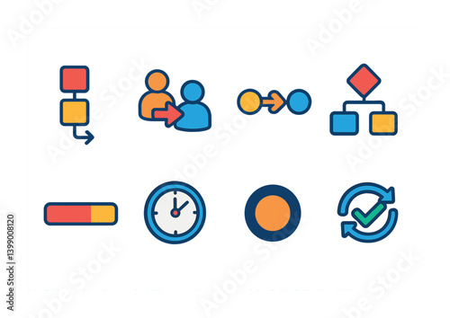 Isometric flat vector set of icons of automation settings: schedule, trigger, condition, action, script, workflow, smart control, routine. . Minimal isolated transparent background.