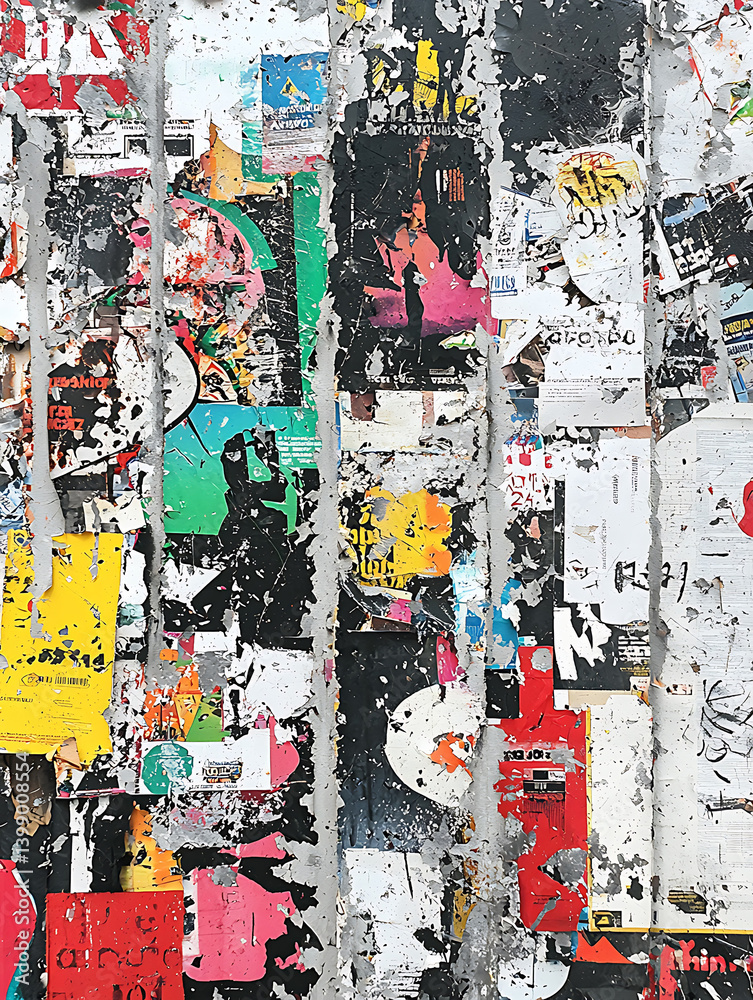 Fototapeta premium Layers of colorful weathered posters create an abstract textured urban surface revealing remnants of past announcements and faded imagery.