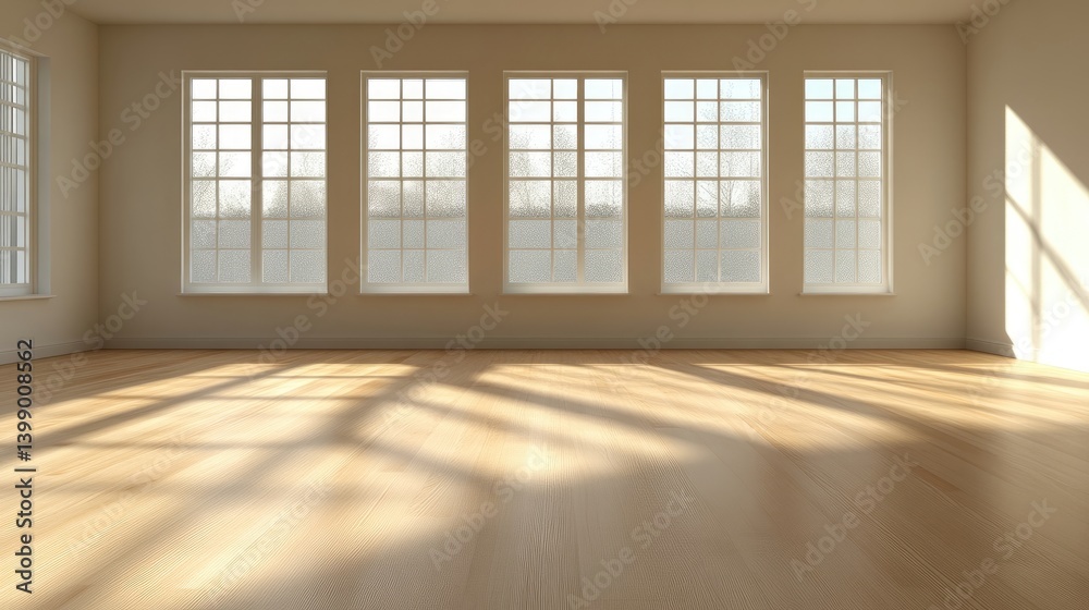 Empty room with large windows, sunlight on light-colored wooden floor