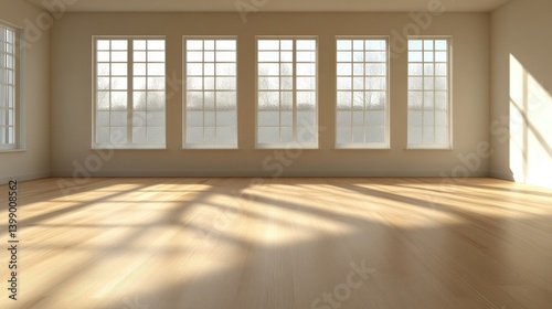 Obraz na płótnie Empty room with large windows, sunlight on light-colored wooden floor w salonie