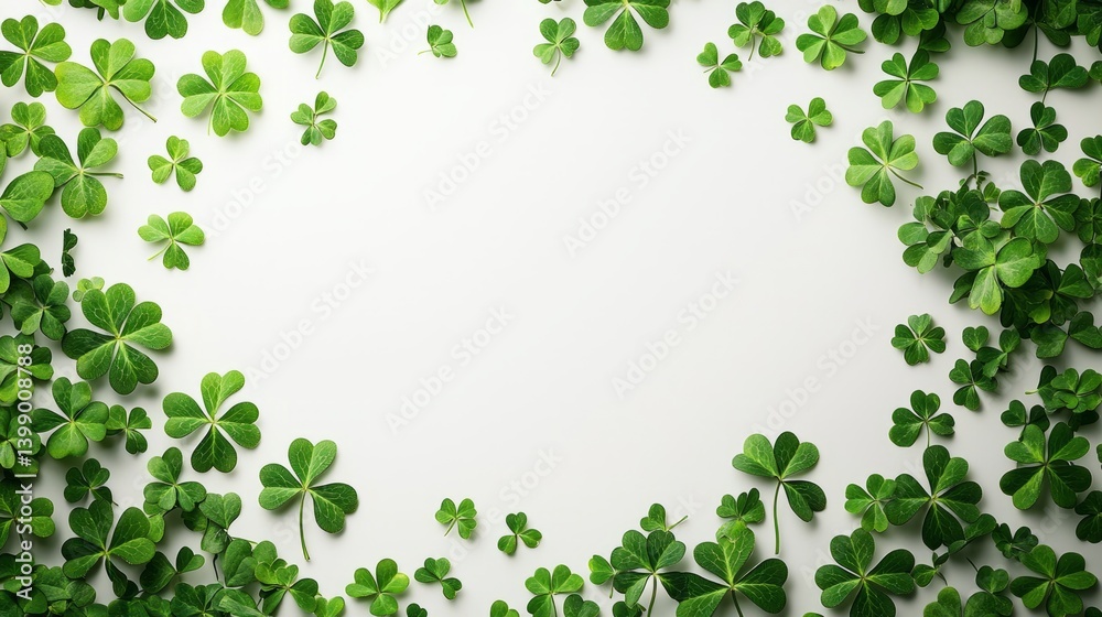 Green Clover Leaves Arranged in Circular Frame on White Background Green Clover Leaves Arranged in Circular Frame on White Background