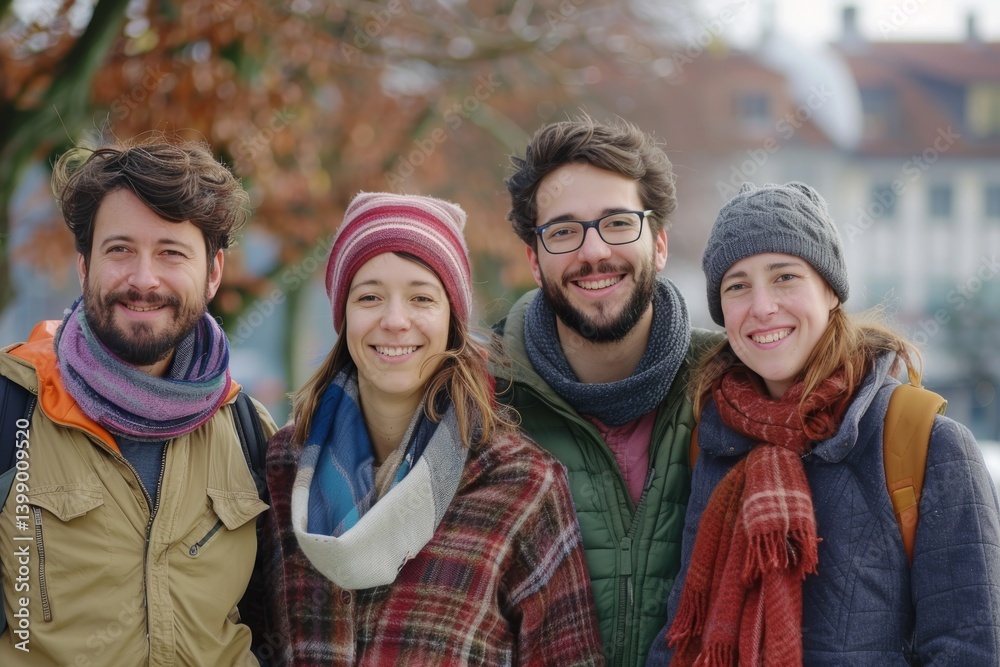 Group of friends having fun together in the city on a cold winter day Group of friends having fun together in the city on a cold winter day