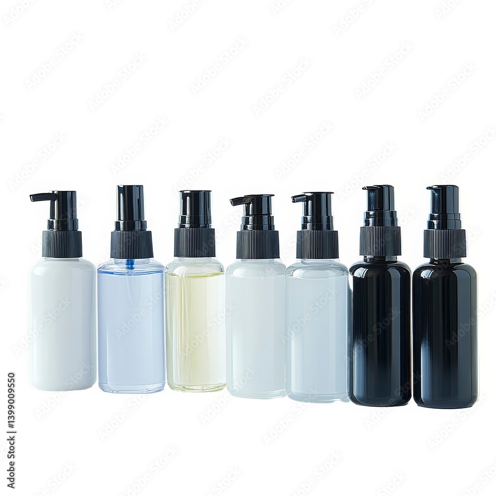 A diverse line-up of bottles with pump dispensers, ideal for various liquids and lotions, in a clean and contemporary aesthetic. A diverse line-up of bottles with pump dispensers, ideal for various liquids and lotions, in a clean and contemporary aesthetic.