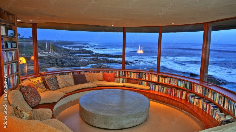 Fototapeta premium A luxurious coastal home interior with ocean view at twilight