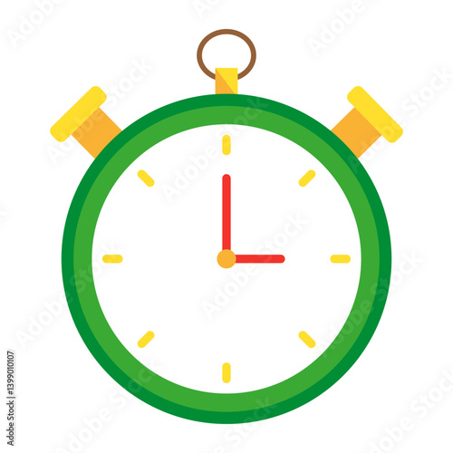Stopwatch icon. Time tracking tool. Round green frame. Red yellow hands.
