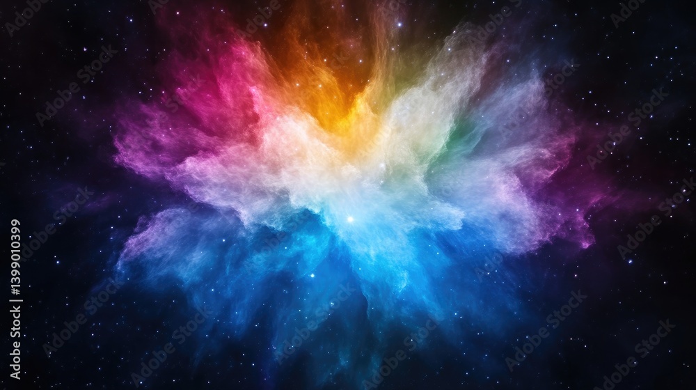 Naklejka premium Colorful nebula explosion in space. A vibrant display of swirling colors radiating outward from a central point, against a backdrop of distant stars. A breathtaking spectacle of cosmic artistry