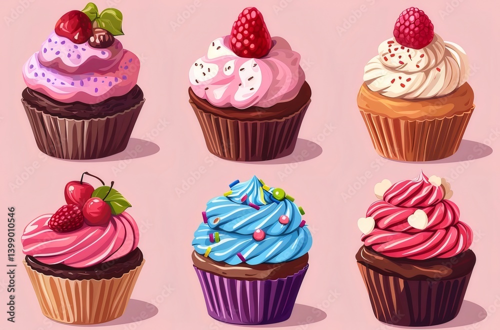 Colorful Cupcakes Arrangement With Variety Of Frosting And Toppings on Pink Backdrop Colorful Cupcakes Arrangement With Variety Of Frosting And Toppings on Pink Backdrop