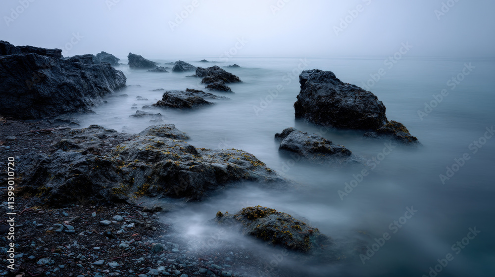 Ethereal shoreline at dawn, dark basalt rocks emerging from a mist-covered sea, teal and pale violet tones reflecting from early sky Ethereal shoreline at dawn, dark basalt rocks emerging from a mist-covered sea, teal and pale violet tones reflecting from early sky