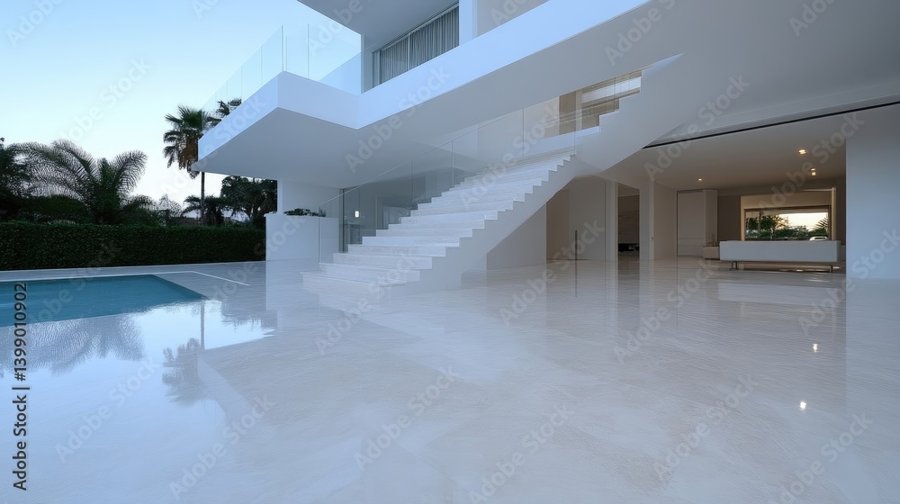 Modern, minimalist home exterior with a stunning pool and expansive patio. Large, open-plan living area seamlessly connects to the outdoor space