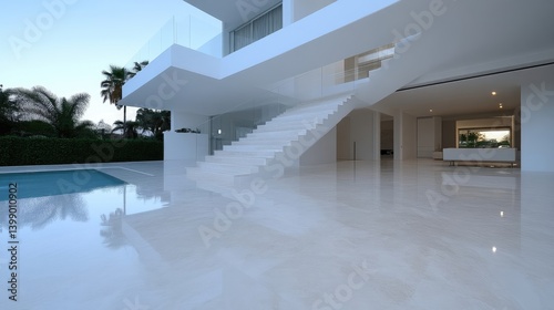 Obraz na płótnie Modern, minimalist home exterior with a stunning pool and expansive patio. Large, open-plan living area seamlessly connects to the outdoor space w salonie