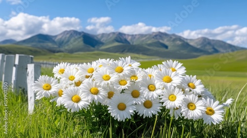 Obraz na płótnie A cluster of white daisies in a grassy meadow, with mountains in the background w salonie