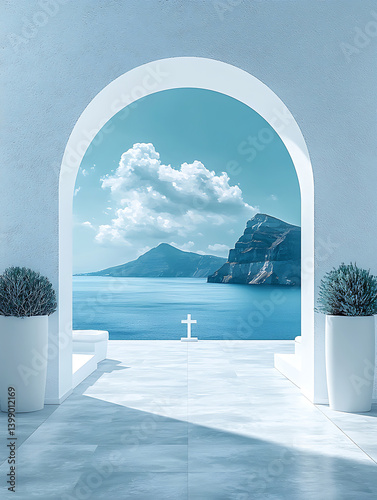 White archway frames serene ocean view with distant island and sky pots of greenery on either side.