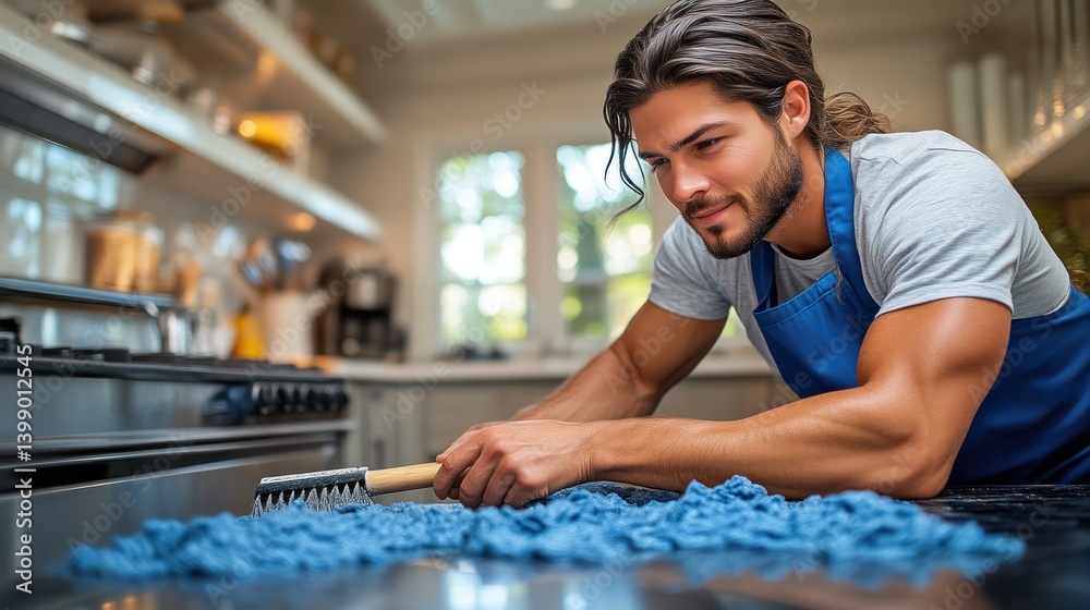 Man Cleaning Kitchen Counter with Microfiber Cloth and Brush Household Chores Home Maintenanc Man Cleaning Kitchen Counter with Microfiber Cloth and Brush Household Chores Home Maintenanc