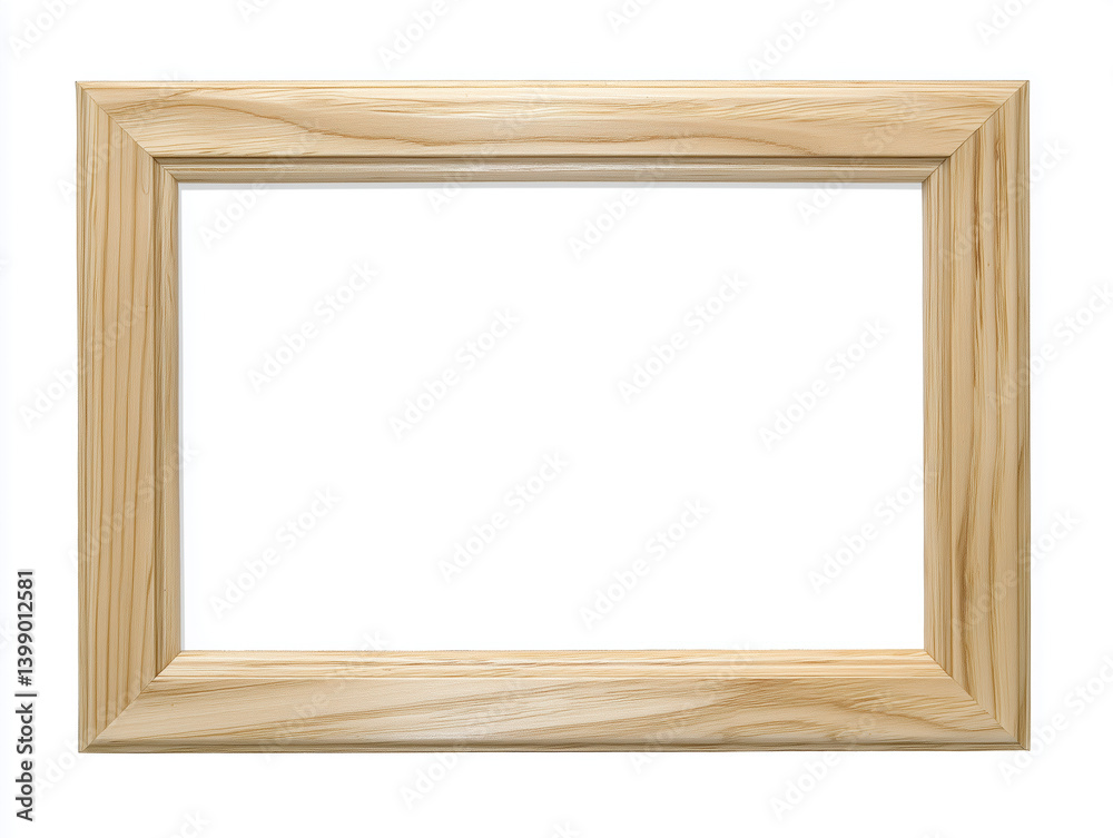 Empty natural wood picture frame with visible grain texture isolated on white background for creative display purposes Empty natural wood picture frame with visible grain texture isolated on white background for creative display purposes