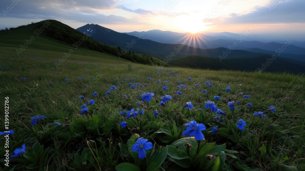 Mountain meadow at sunset, wildflowers