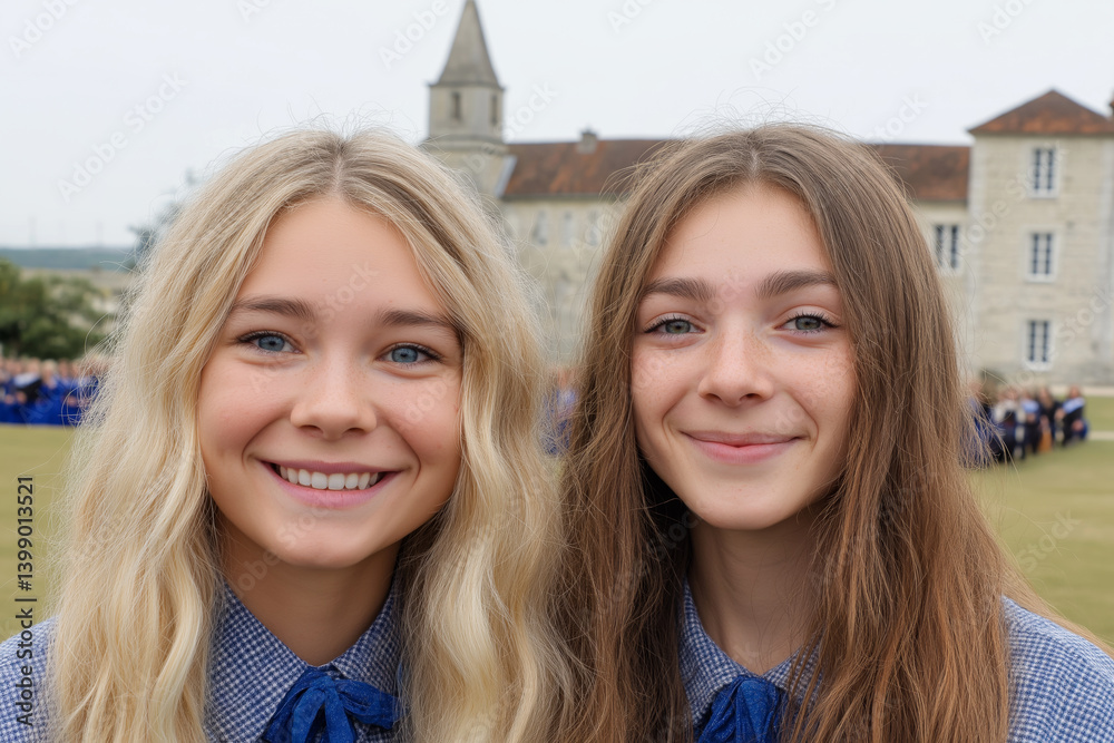 Two young caucasian schoolgirls smiling in front of historic european building during school event