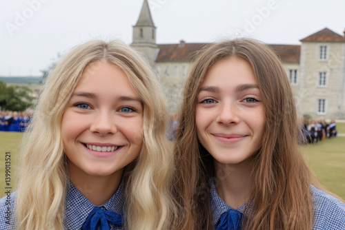 Obraz na płótnie Two young caucasian schoolgirls smiling in front of historic european building during school event w salonie