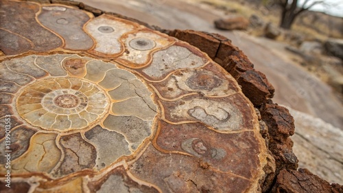 A cross-section of a fossilized ammonite embedded in rock.
