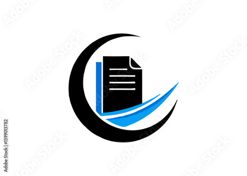 Document Logo in Crescent: A stylized document icon, rendered in bold black, stands within a graceful crescent shape, enhanced by a dynamic blue swoop.