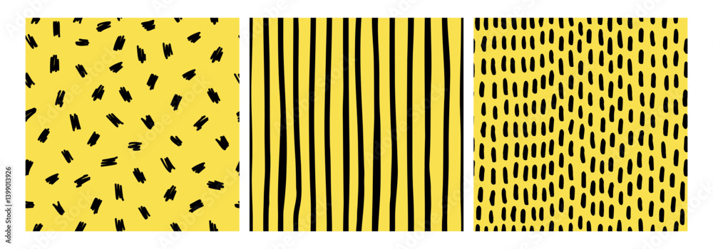 Collection of seamless hand drawn patterns with black dashes, stripes, and irregular lines on a yellow background. Ideal for textile design, wrapping paper, branding, and modern creative projects