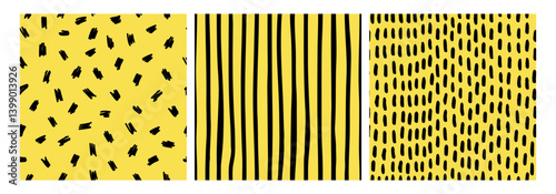 Collection of seamless hand drawn patterns with black dashes, stripes, and irregular lines on a yellow background. Ideal for textile design, wrapping paper, branding, and modern creative projects