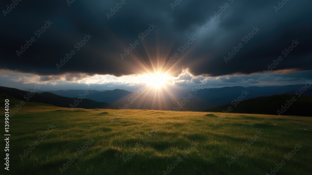 Sun breaking through dark clouds over a grassy mountain meadow