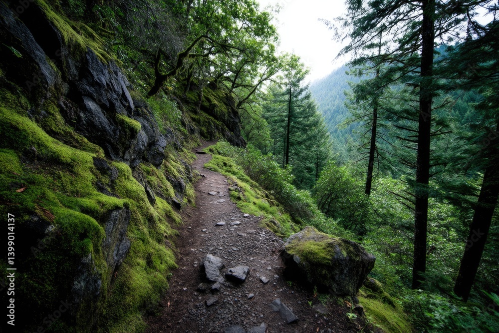 A scenic hiking path winds through the enchanting, atmospheric forest. A scenic hiking path winds through the enchanting, atmospheric forest.