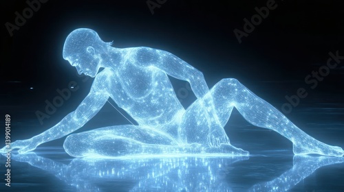 Glowing Human Figure in Stretch Pose Digital Art Yoga Flexibility Wellness Meditation Abs