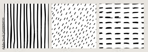 Set of hand drawn seamless black and white abstract patterns with brush strokes, shapes, and dashes. Modern minimalistic textures, perfect for fabrics, wallpapers, packaging, graphic design projects