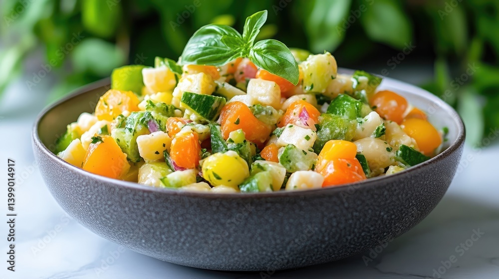 Colorful pasta salad with vegetables. A vibrant medley of pasta, carrots, cucumbers, bell peppers, and cheese, dressed with a light vinaigrette and fresh herbs. Fresh, colorful, and healthy