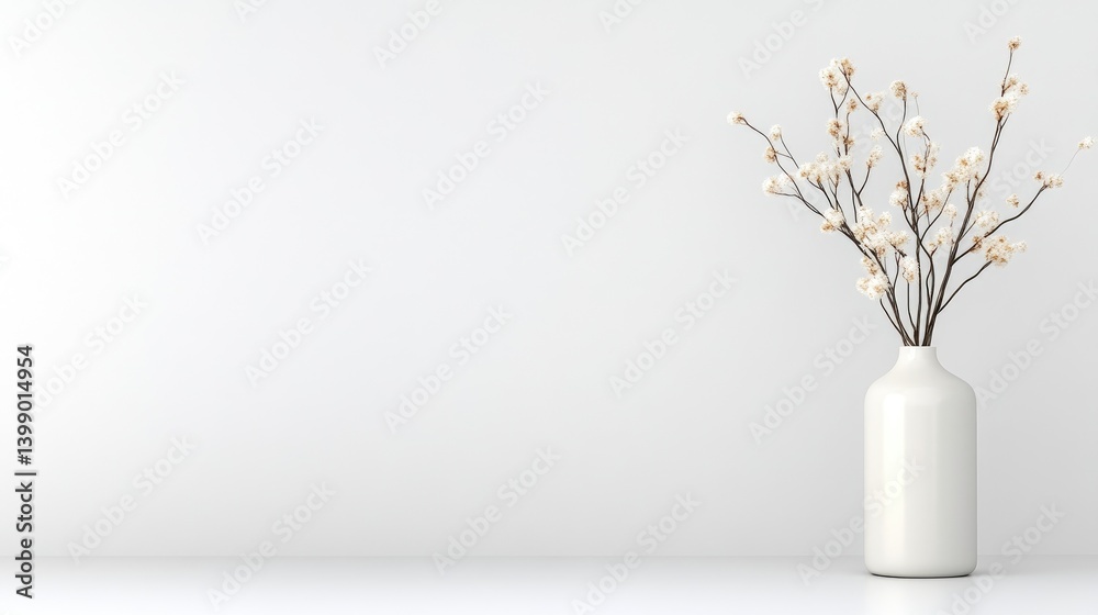 A white ceramic vase with delicate blossoming branches standing on a minimalist white surface, soft lighting, and elegant home decor concept.