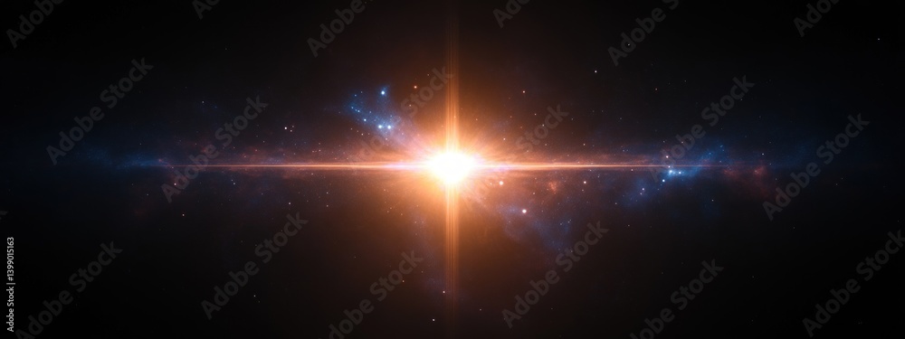 Bright Light Burst Flare Effect in Cosmic Background with Lens Flares and Shiny Elements