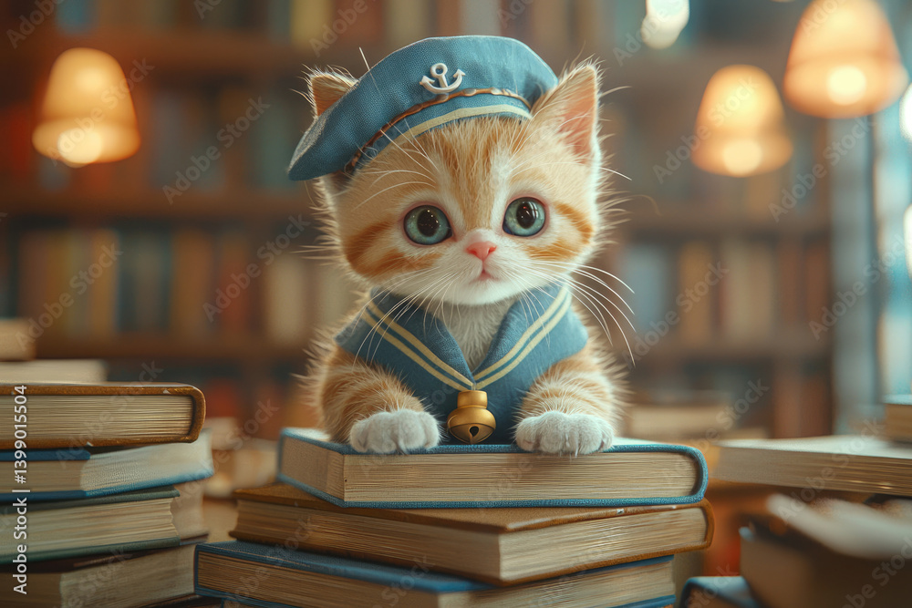 Adorable kitten in sailor outfit sits atop a stack of books in a library. Adorable kitten in sailor outfit sits atop a stack of books in a library.