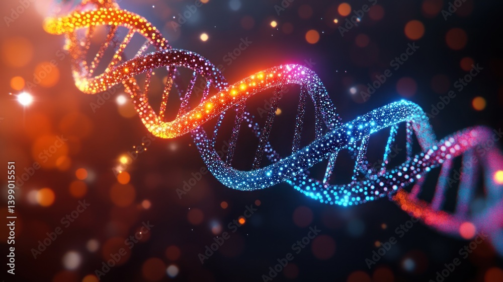 Futuristic Digital Artwork of DNA Double Helix in Neon Colors with Bokeh Background and Cyberpunk Aesthetic