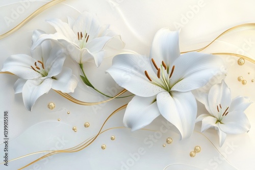 Wallpaper Mural Delicate white lilies on flowing golden ribbons.  A soft, elegant design with realistic looking flowers and flowing lines.  Scattered, subtle golden pearls add a touch of luxury Torontodigital.ca