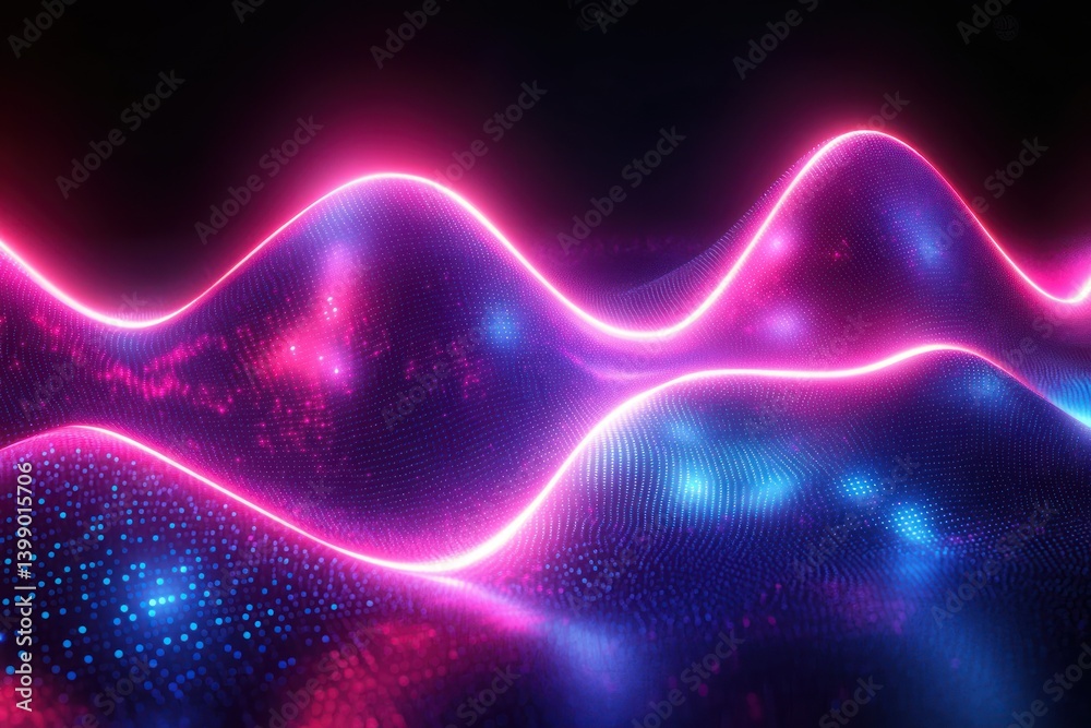 Neon Light Wave Illustration Cyberpunk Abstract Design Laser Show Reflections in Dark Environment