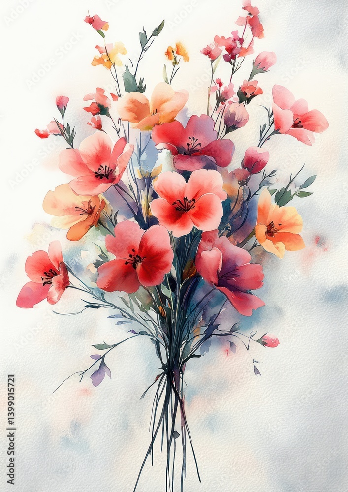 Watercolor Floral Bouquet Soft Pastel Red Elegant Illustration for Cards and Decor