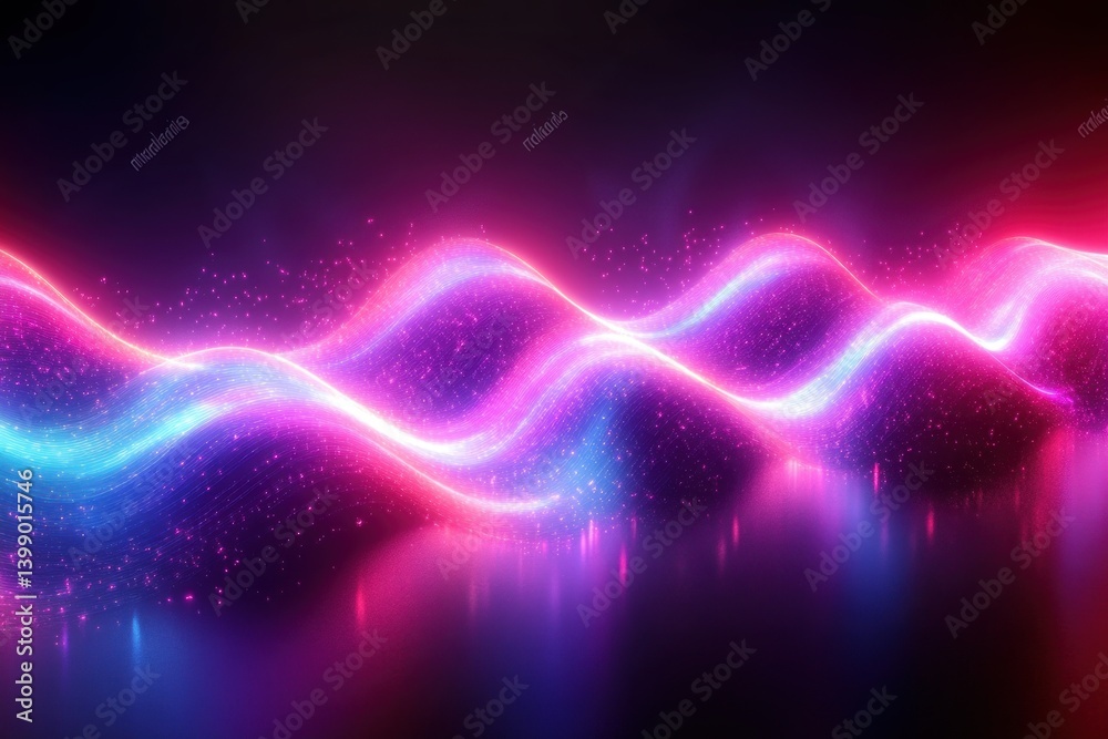 Neon Light Wave Illustration in Cyberpunk Style Glowing Pink Blue Dark Background Reflection